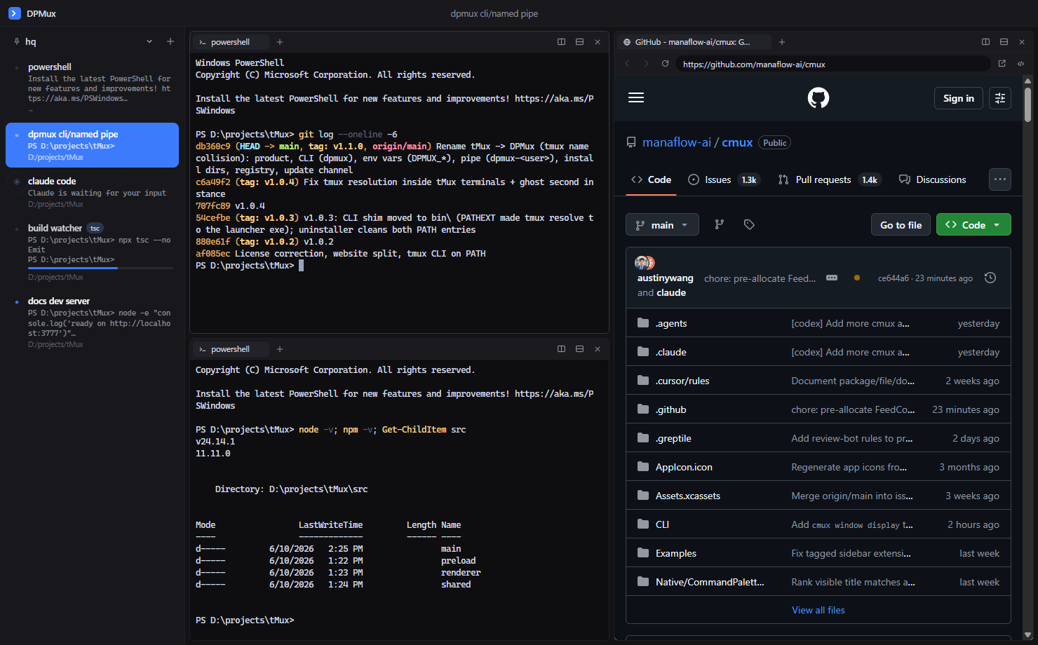 DPMux running: vertical workspace sidebar with notification rings, split terminals, and a browser pane